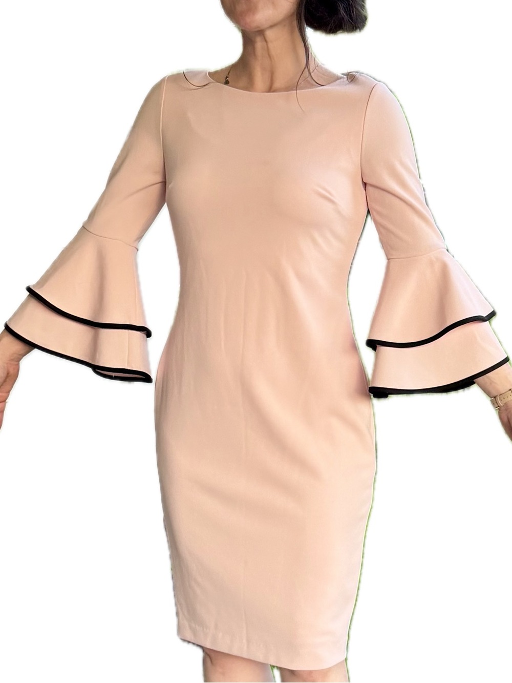 Calvin Klein Blush Pink Midi Sheath Dress with Black-Trim Bell Sleeves